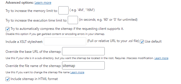 Advanced configuration of the Google XML sitemaps plugin