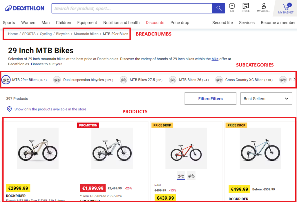 Example of a Category page for an ecommerce site - Decathlon website