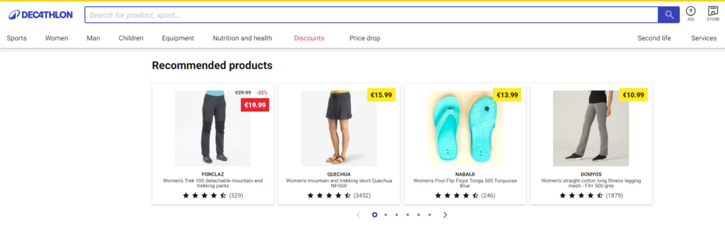 Example of a Home page for an ecommerce site - Decathlon website