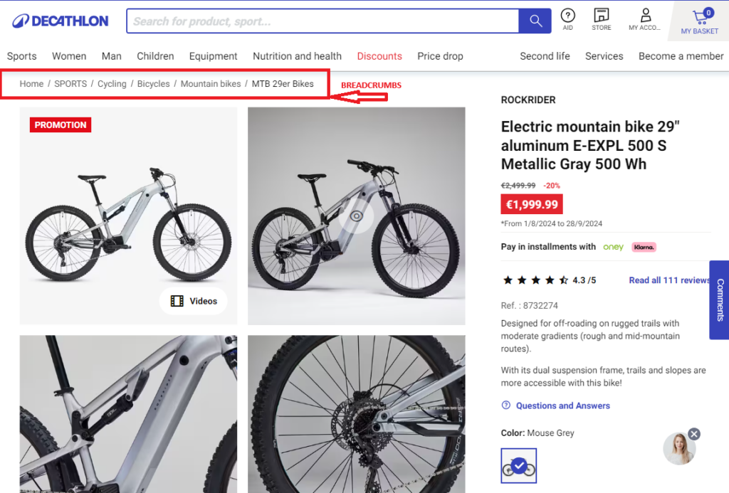 Example of a Product Page for an ecommerce - Decathlon website