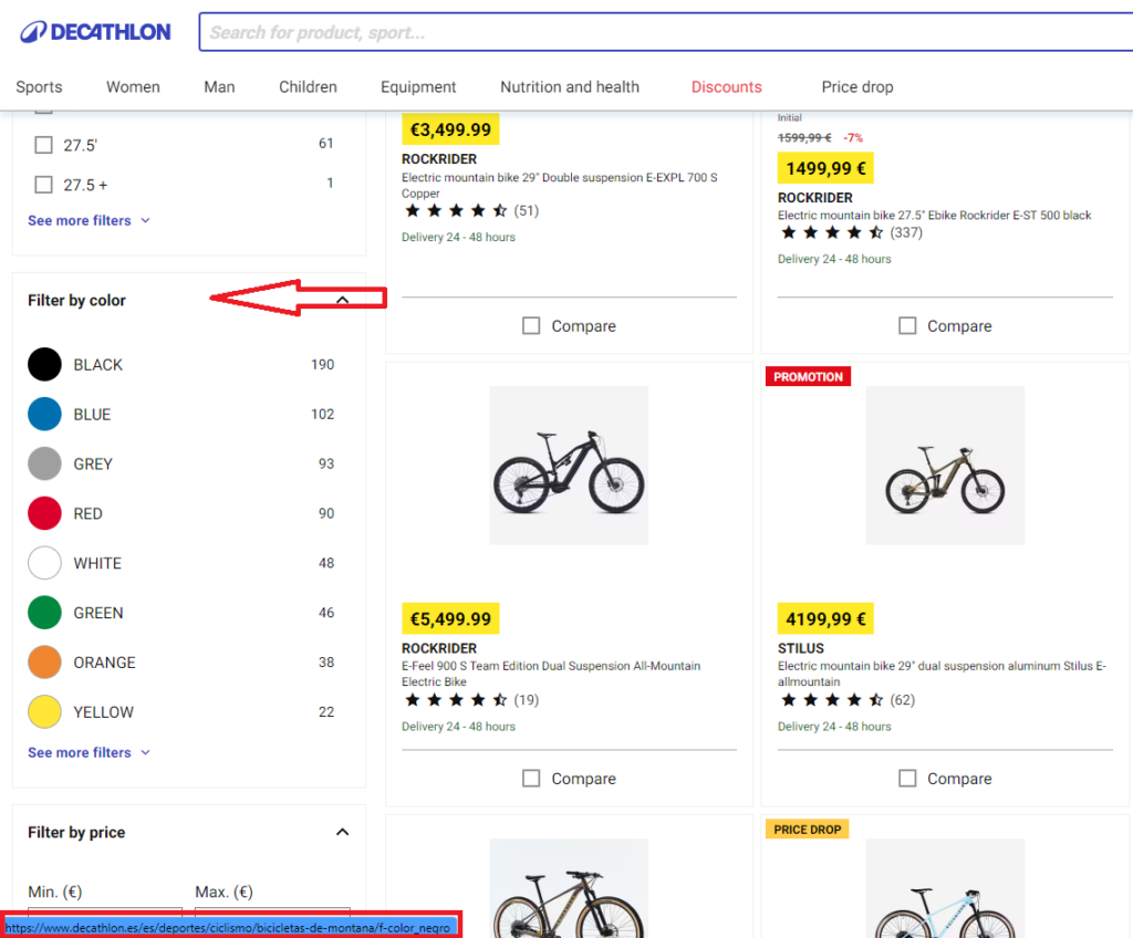 Example of filters for an ecommerce - Decathlon website