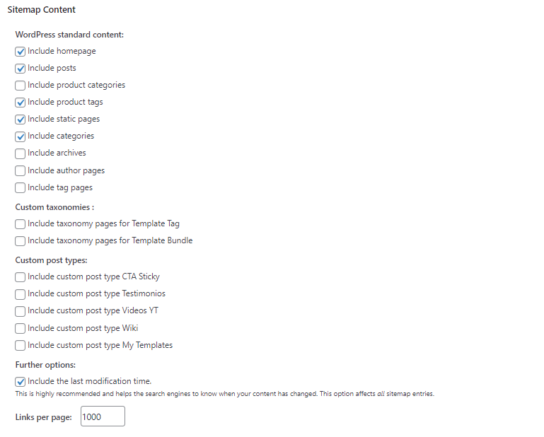 Select sitemap parts when configuring it