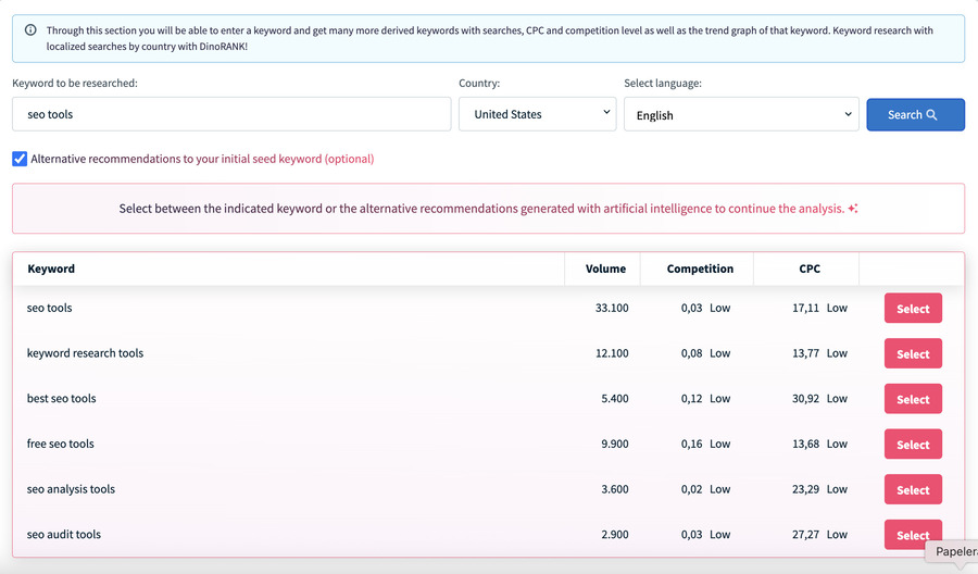 Select between the indicated keyword or the alternative recommendations