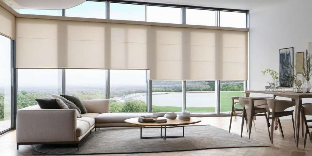 Estores enrollables blancos en Salon con vistas