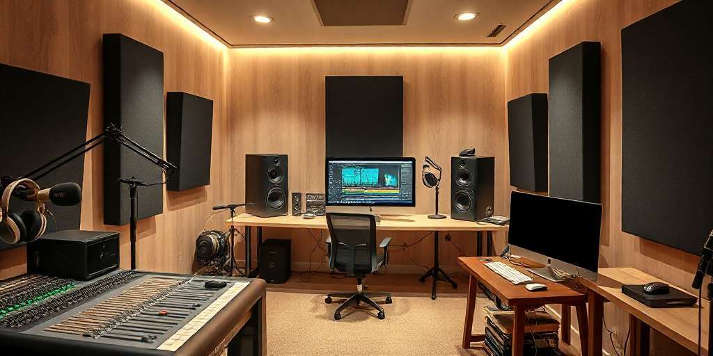 Estudio de grabación profesional con micrófonos, monitores de audio y una computadora con interfaz de sonido