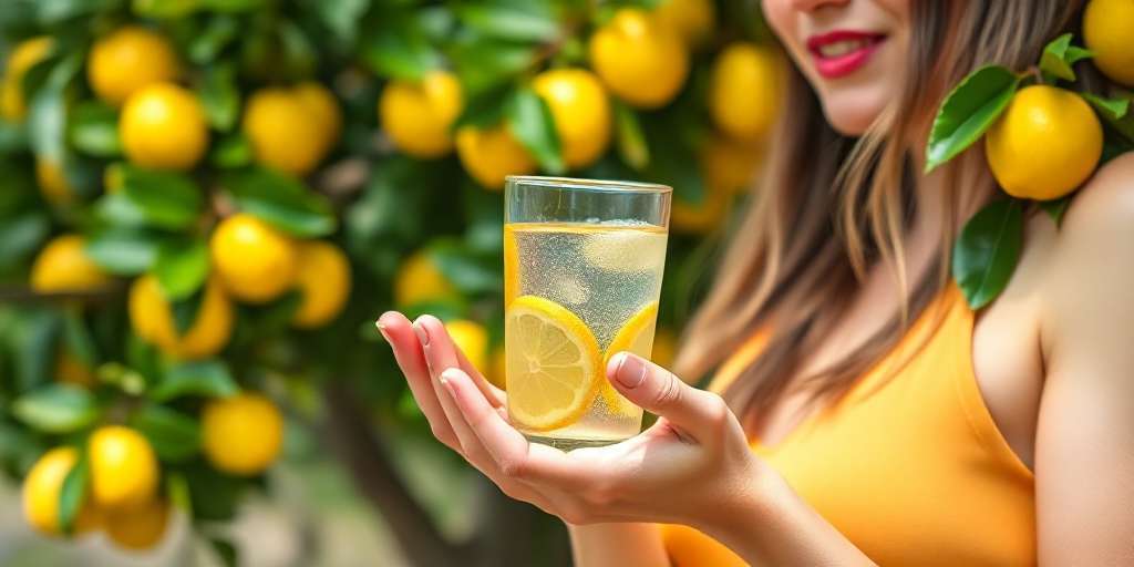 Mujer bebiendo agua con limón