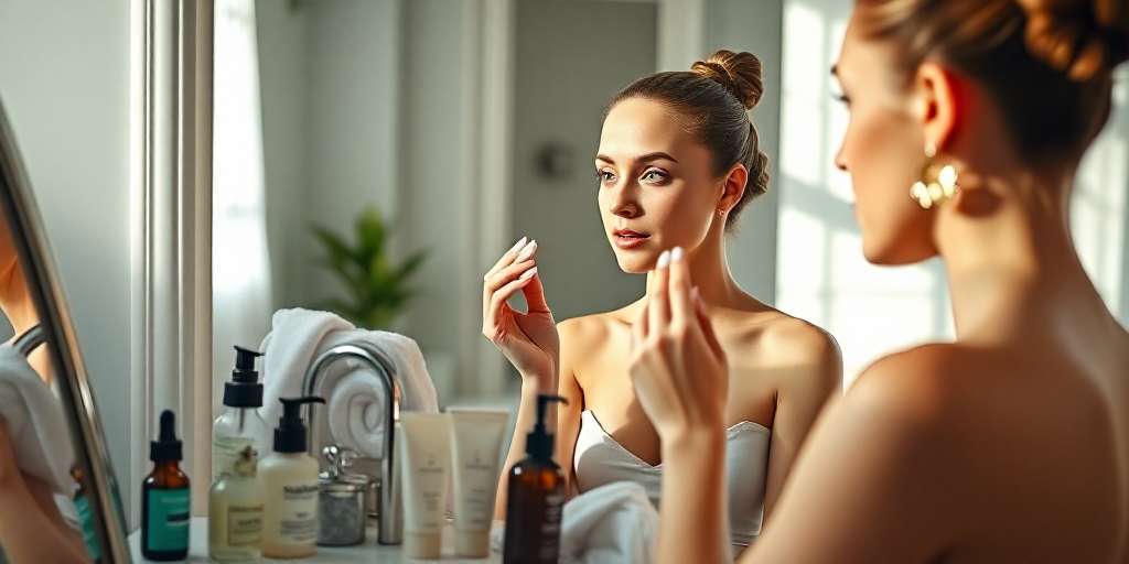 Mujer guapa frente al espejo y cremas para tratamiento de belleza