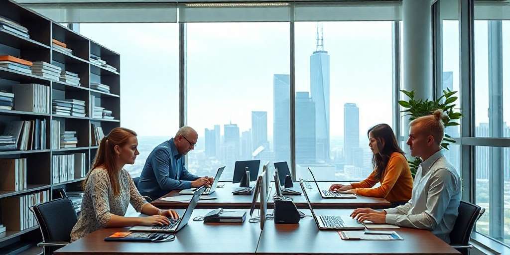 La importancia de la contabilidad en las empresas. Cuatro contadores trabajando en un despacho de contabilidad.