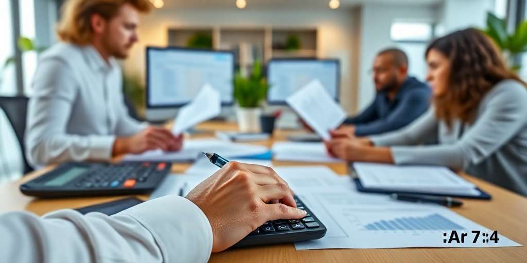 Un grupo de contadores realizando el cálculo y declaración de impuestos.