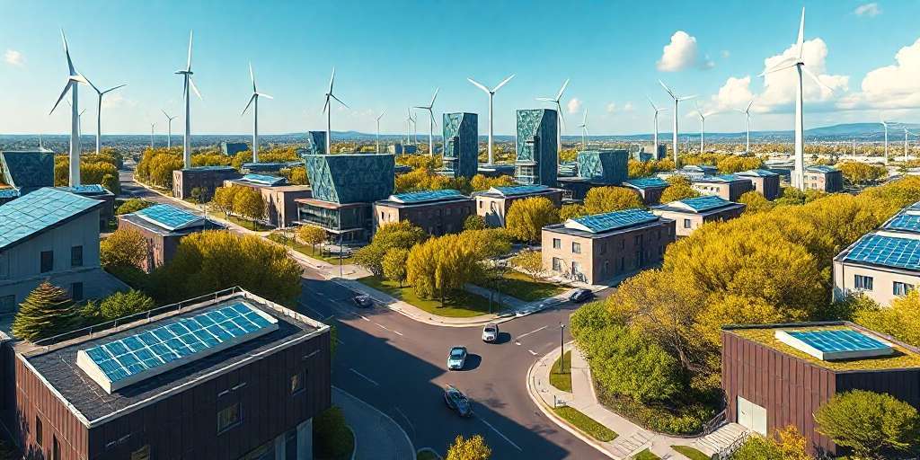 Representation of a industrial pole where offices are offseting their CO2 emissions using windmills and solar panels, following conclusions from their use of a carbon footprint calculator