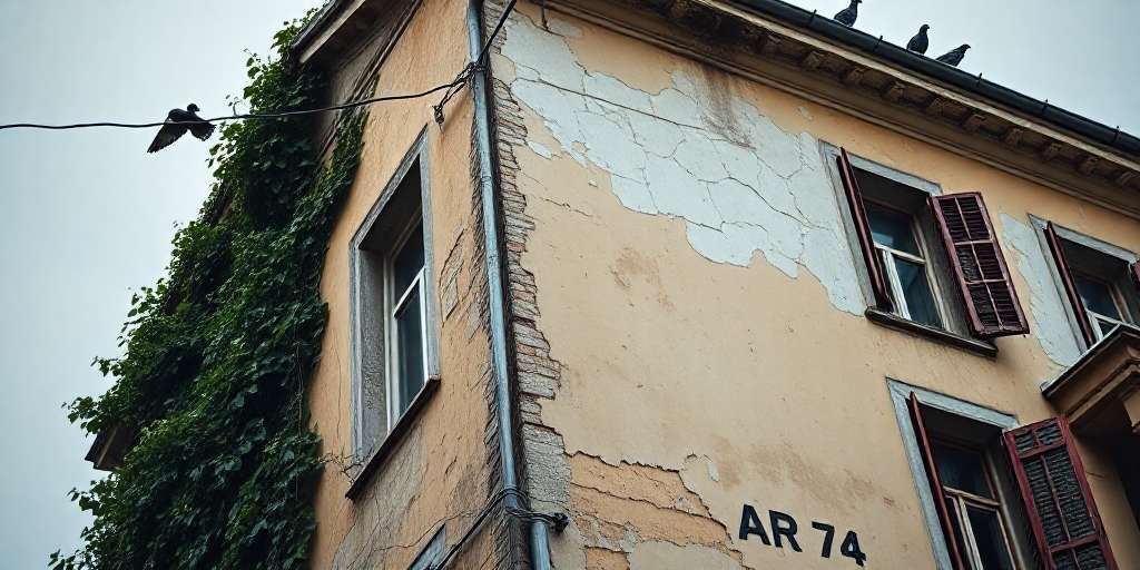 Fachada deteriorada antes de la rehabilitación con grietas y manchas de humedad