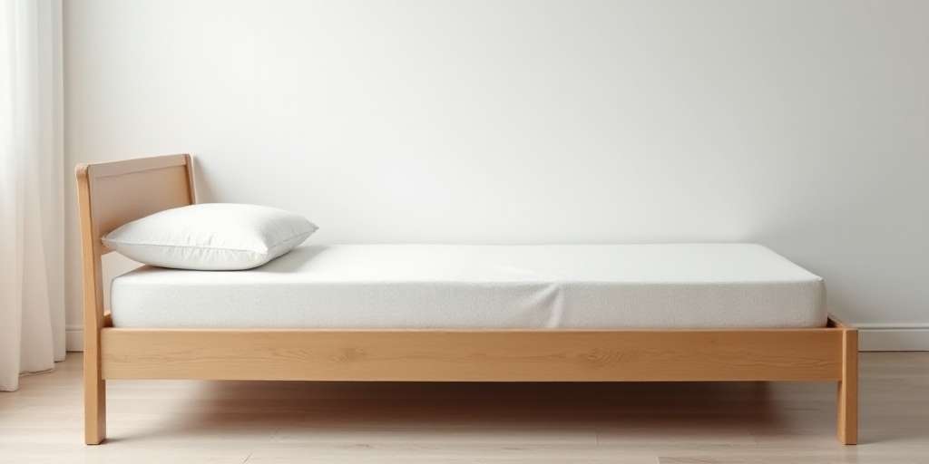 Colchón nuevo sobre una base de madera en dormitorio minimalista, ideal para un descanso cómodo y una buena ventilación.