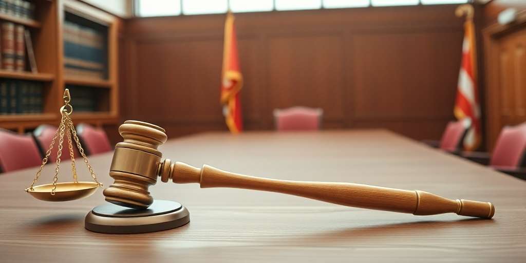 Mazo de jurado sobre la mesa a un lado de una balanza 